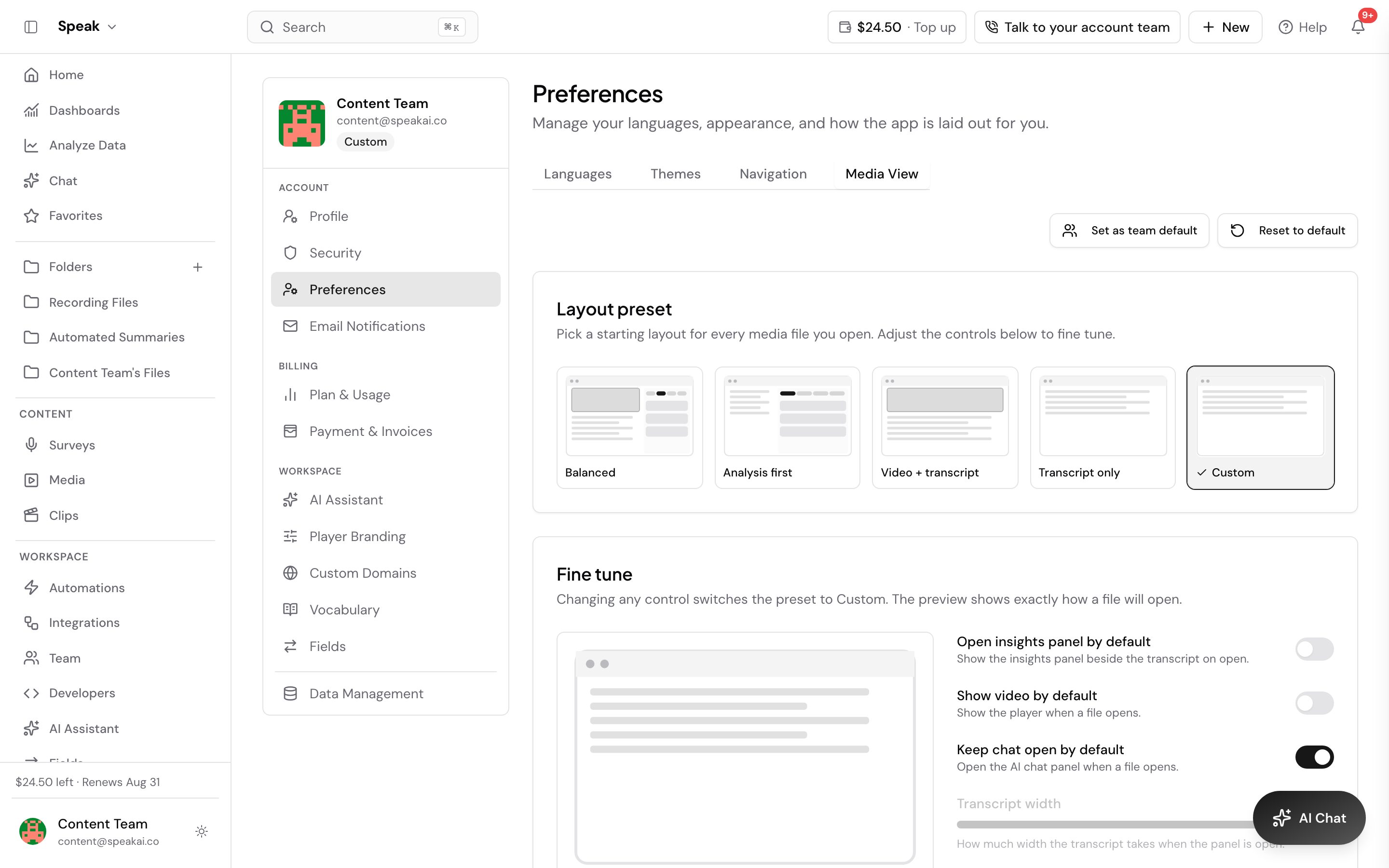 The Media View tab of Preferences. A Layout preset row offers Balanced, Analysis first, Video + transcript, Transcript only and Custom, each with a small diagram, and Custom is ticked. Under Fine tune sit toggles for Open insights panel by default, Show video by default and Keep chat open by default, with a Transcript width slider below.