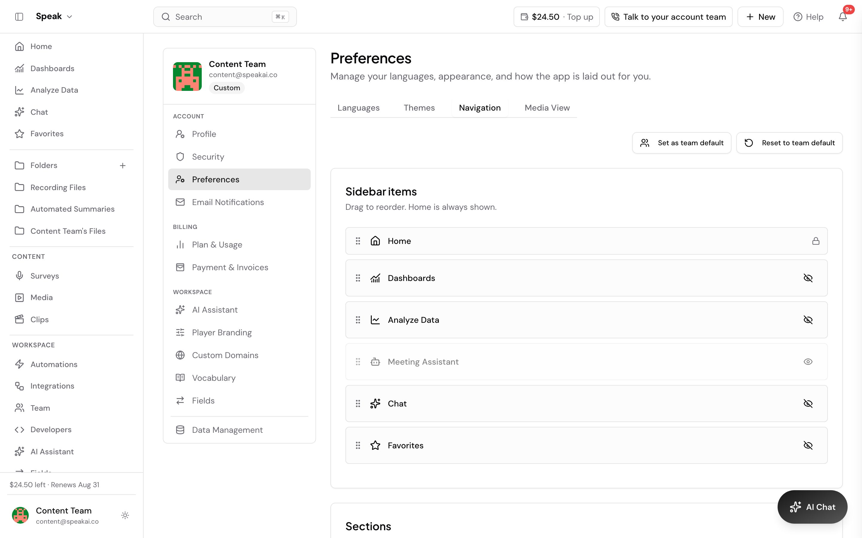 The Navigation tab of Preferences. A Sidebar items list shows Home, Dashboards, Analyze Data, Meeting Assistant, Chat and Favorites, each with a drag handle on the left and an eye icon on the right to hide it. Home carries a padlock instead, because it is always shown. Set as team default and Reset to team default sit above the list.