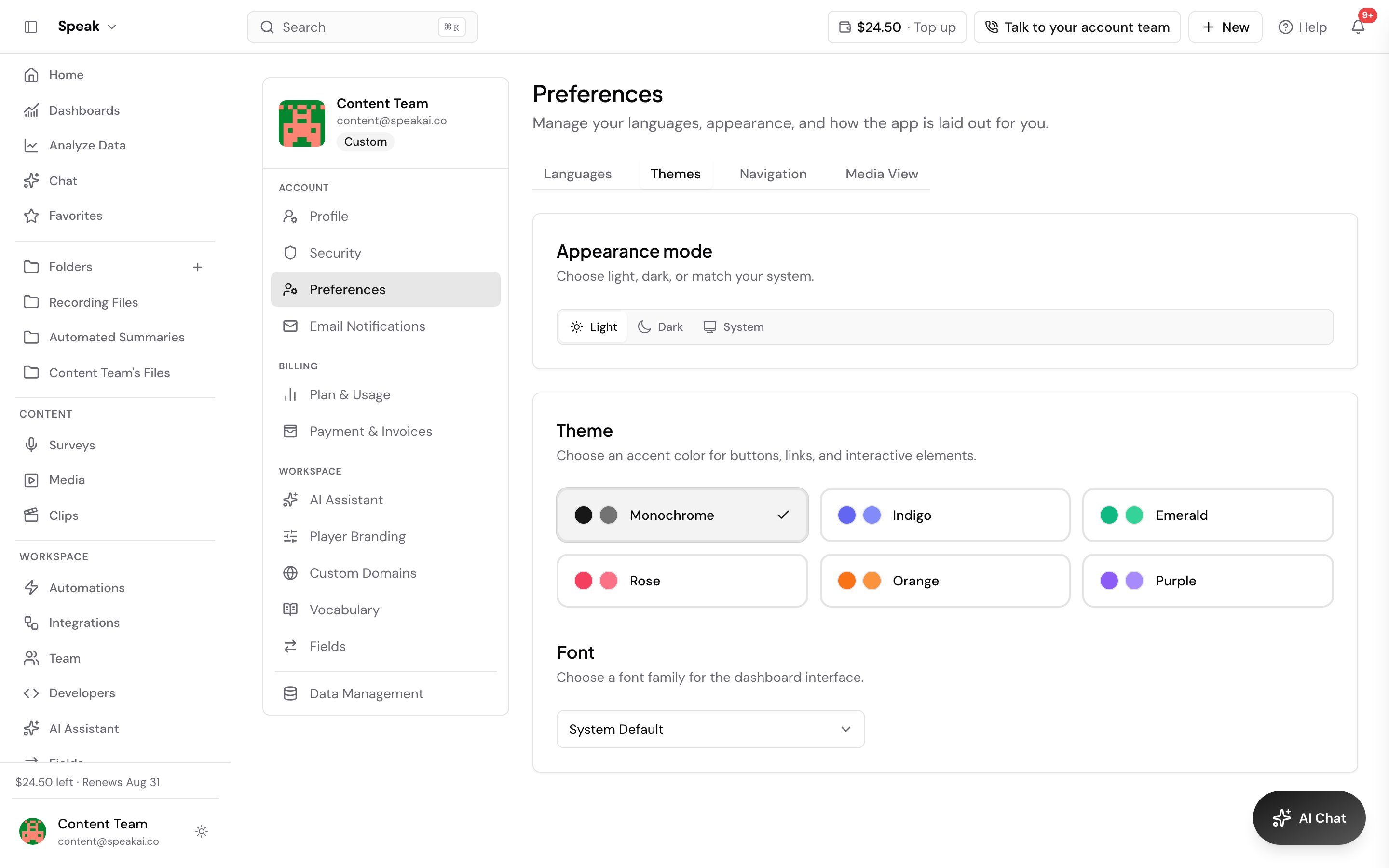 The Themes tab of Preferences. Appearance mode offers Light, Dark and System, with Light selected. Below it a Theme grid offers Monochrome, ticked, alongside Indigo, Emerald, Rose, Orange and Purple, and a Font control is set to System Default.