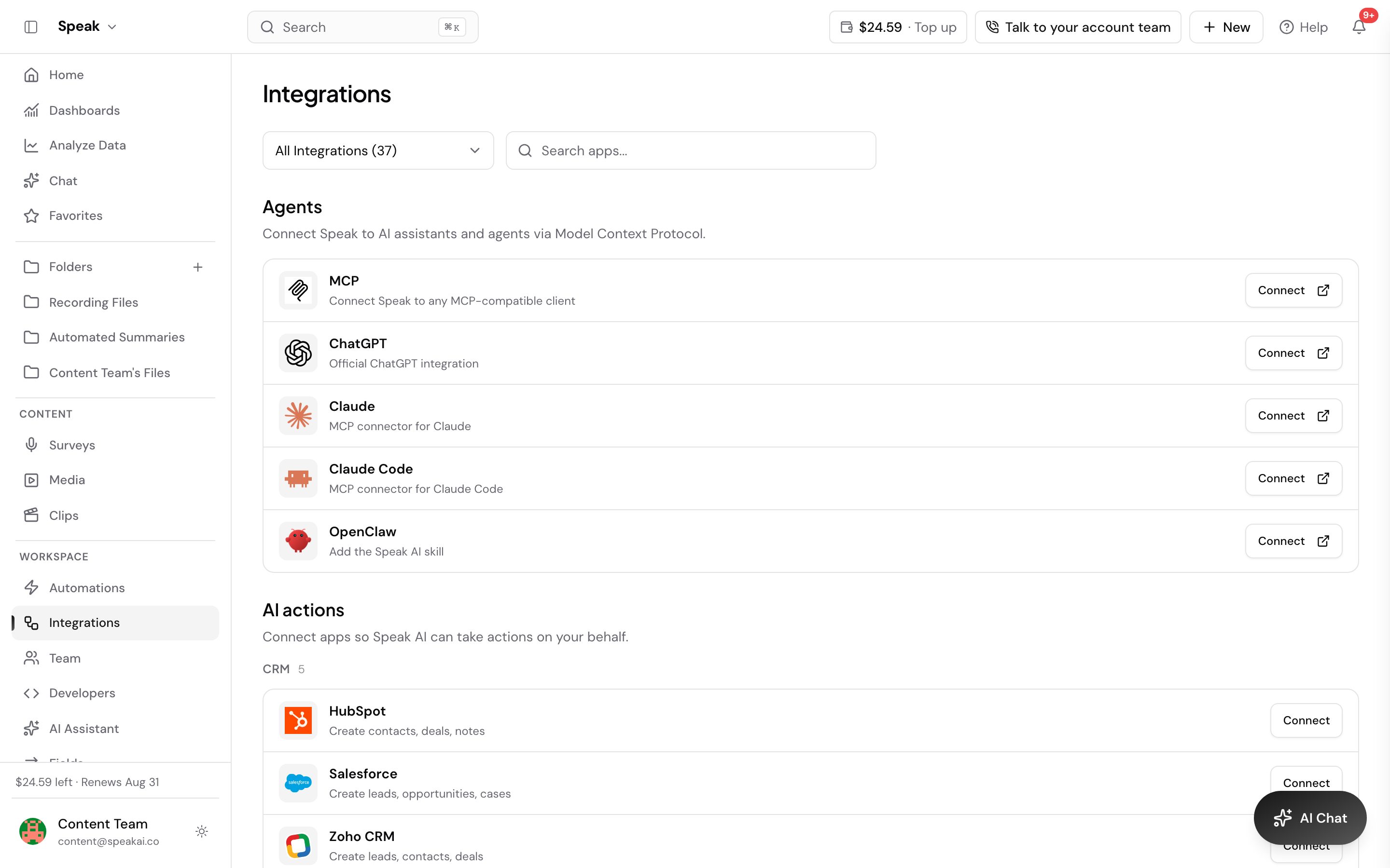 The Integrations screen in Speak, filtered to All Integrations (37) with an app search box. An Agents section lists MCP, ChatGPT, Claude, Claude Code and OpenClaw, and an AI actions section below it opens with the CRM group: HubSpot, Salesforce and Zoho CRM. Every row has a Connect button on the right.