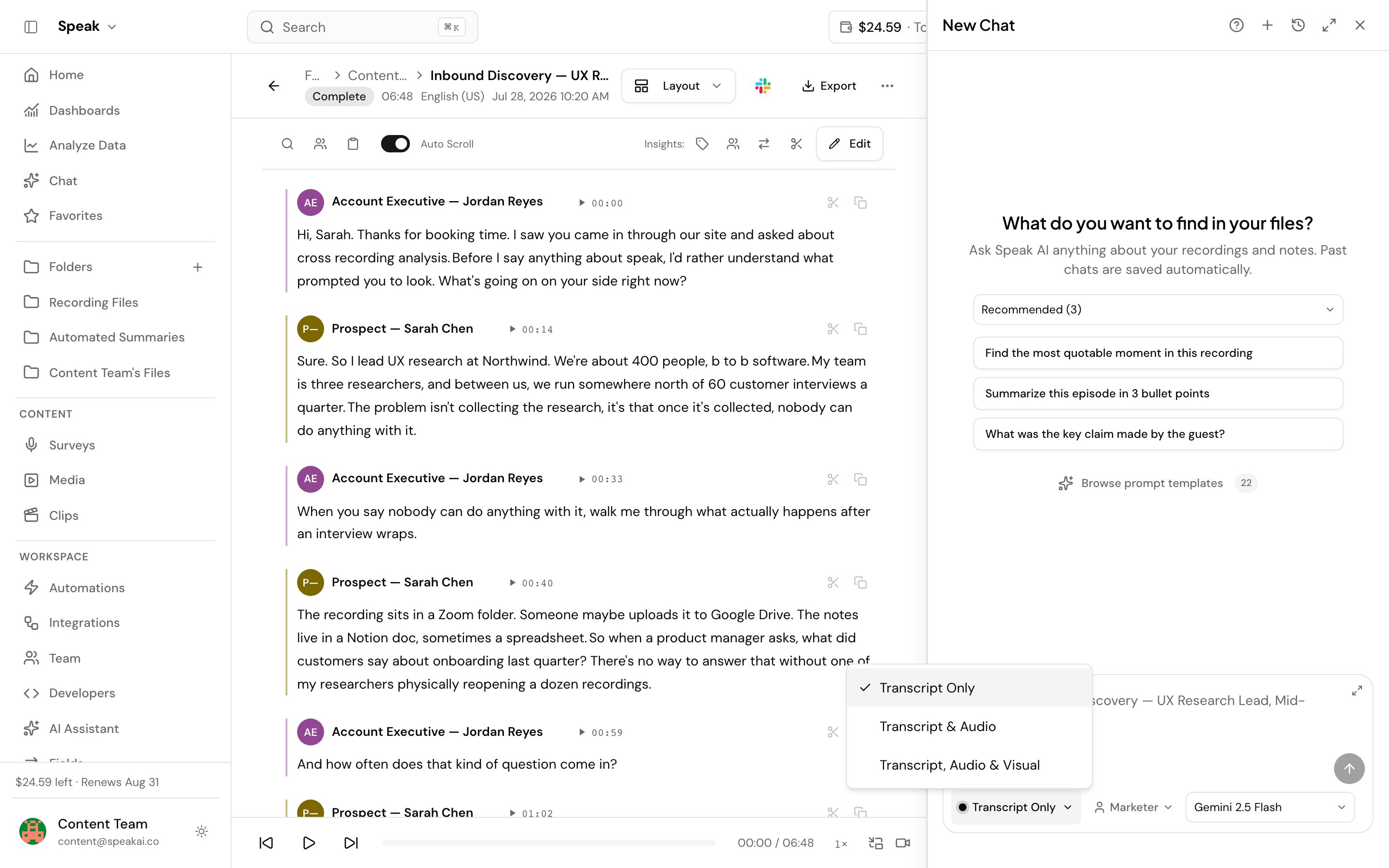 The AI Chat panel open beside a video file. The Analysis mode menu is open above the composer, listing Transcript Only with a tick, Transcript & Audio, and Transcript, Audio & Visual. The control itself still reads Transcript Only, which is where every chat starts.