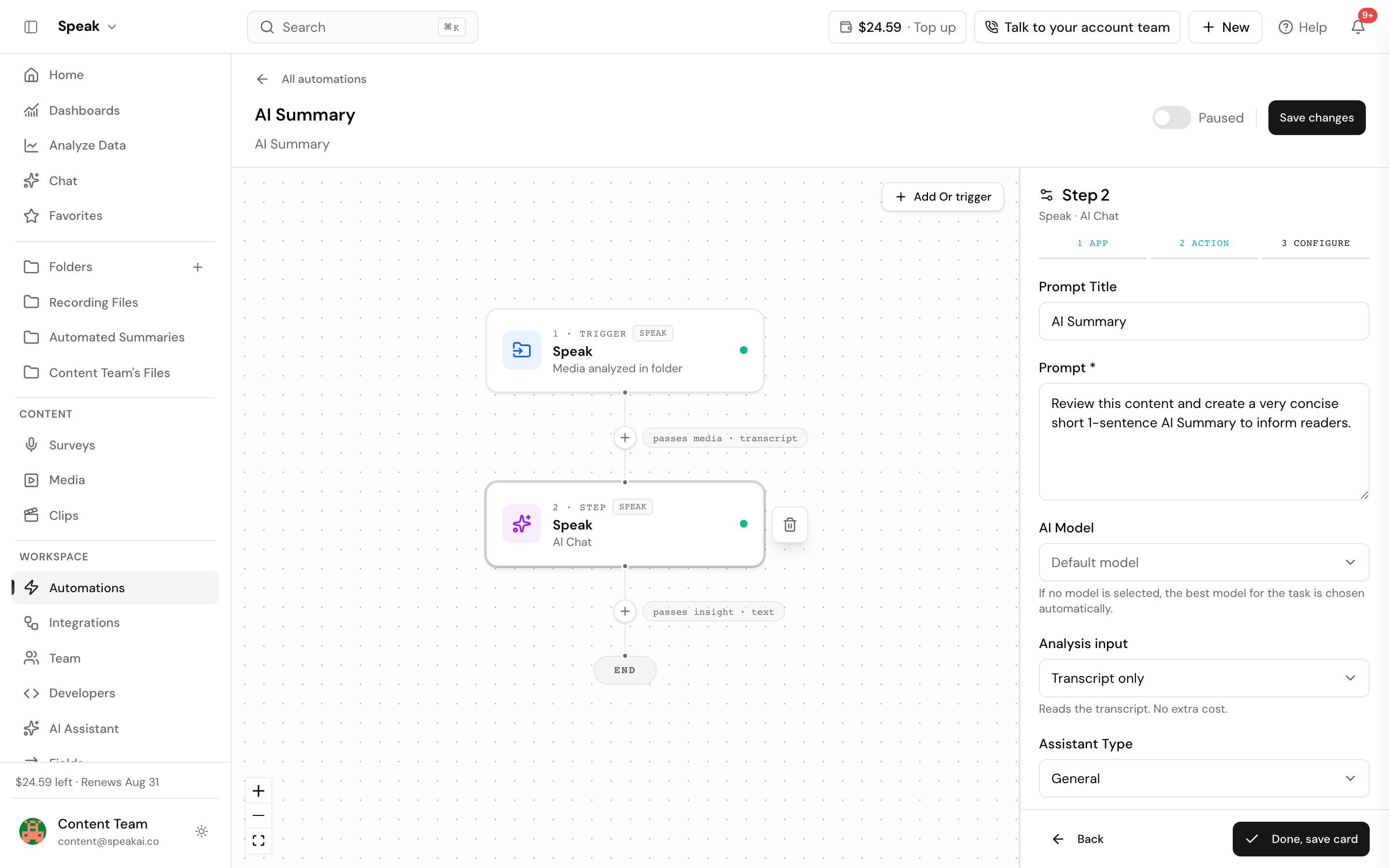 The AI Summary automation open on its canvas in Speak with its action step selected. Step 1 is a Speak trigger, Media analyzed in folder, connected by a passes media - transcript link to step 2, a Speak AI Chat step, which passes insight - text to END. The panel on the right reads Step 2, Speak AI Chat, on the Configure tab of its App, Action and Configure sequence. It holds a Prompt Title of AI Summary, the prompt itself, an AI Model set to Default model, an Assistant Type of General, and an Extract Fields box holding AI_Summary.