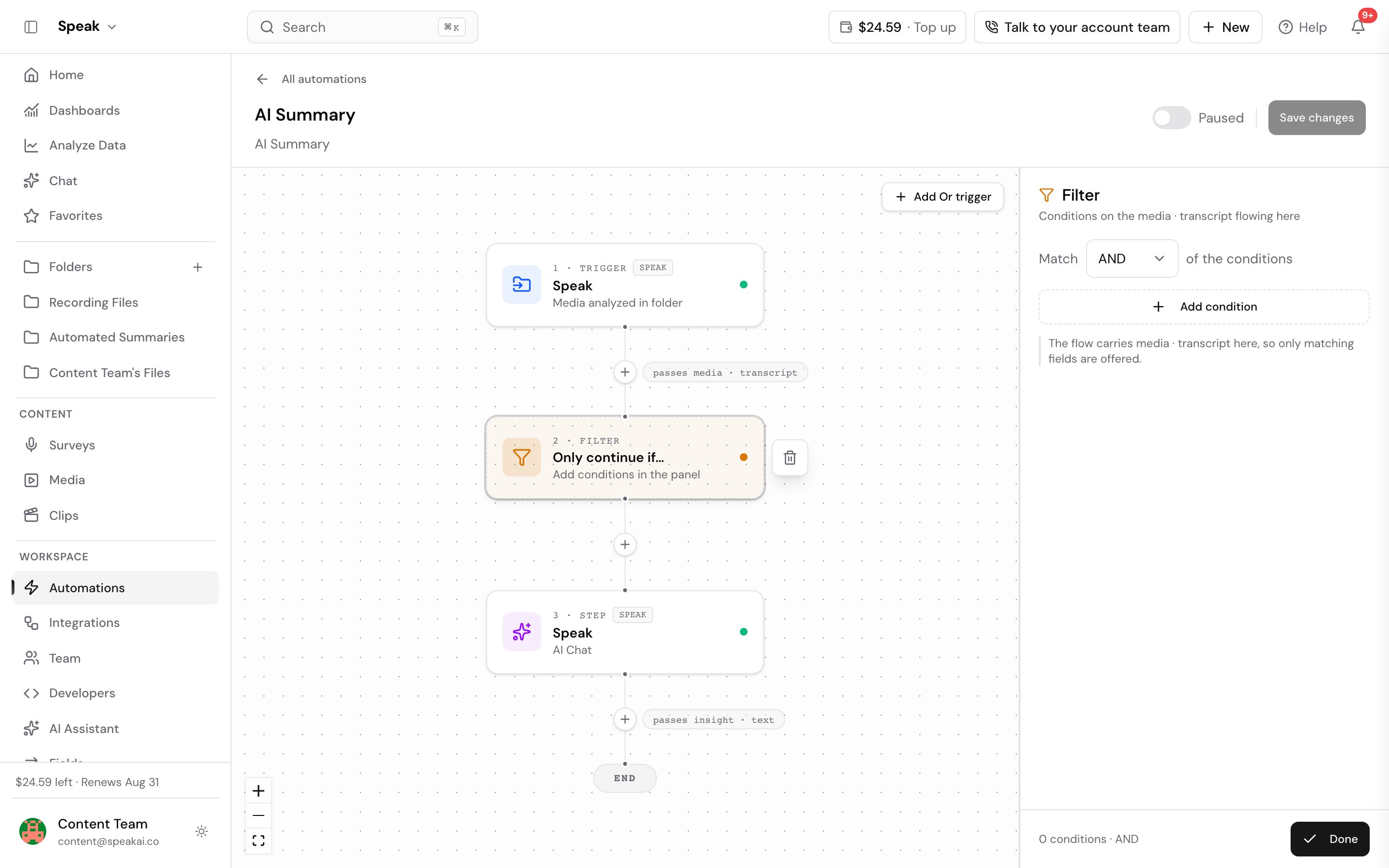 The AI Summary automation on its canvas in Speak with a filter added between the trigger and the AI Chat step. The filter card reads Only continue if, above a line telling you to add conditions in the panel. The Filter panel on the right sets Match to AND of the conditions, offers an Add condition button, and notes that the flow carries media and transcript so only matching fields are offered. The footer reads 0 conditions and AND beside a Done button.
