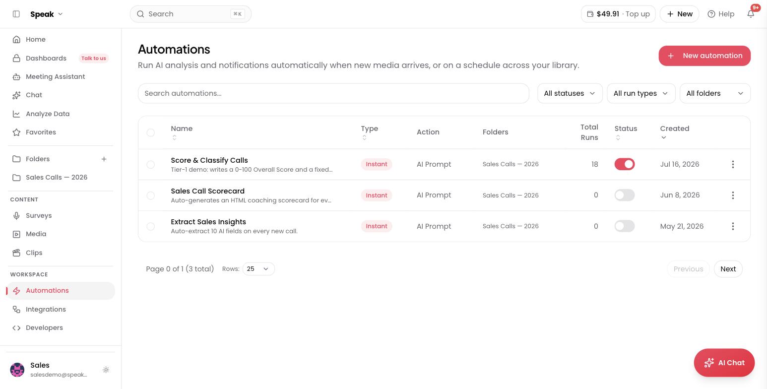 The Automations list: instant AI-prompt automations scoped to a folder