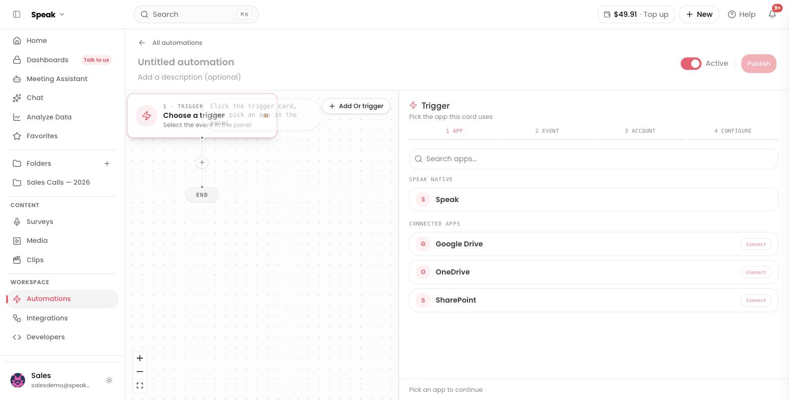 The automation builder: choosing a trigger app