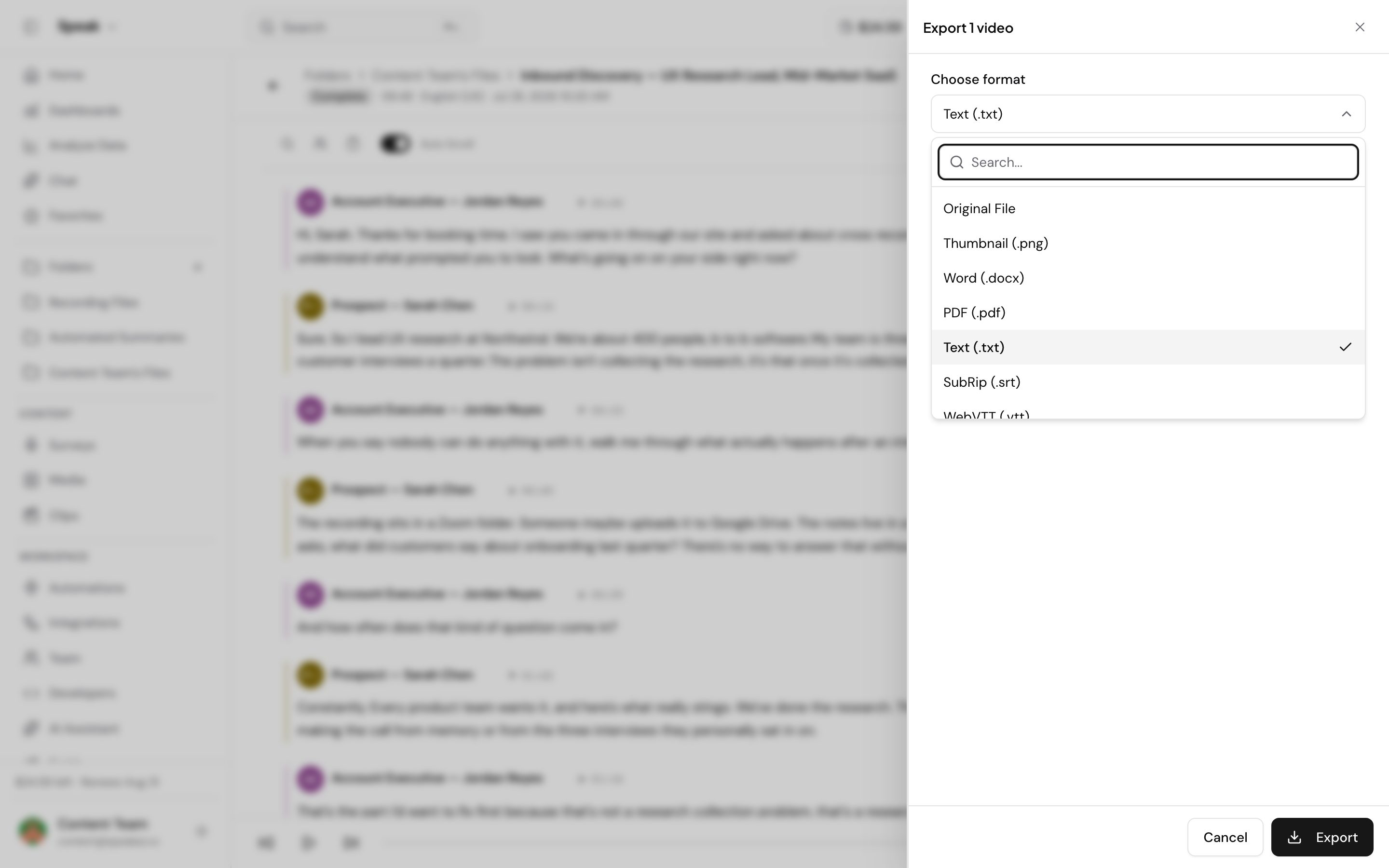 The export panel on a single recording with its format list open. The choices read Original File, Thumbnail as PNG, Word, PDF, Text which is ticked, SubRip and WebVTT, with a search box above them and an Export button in the footer.