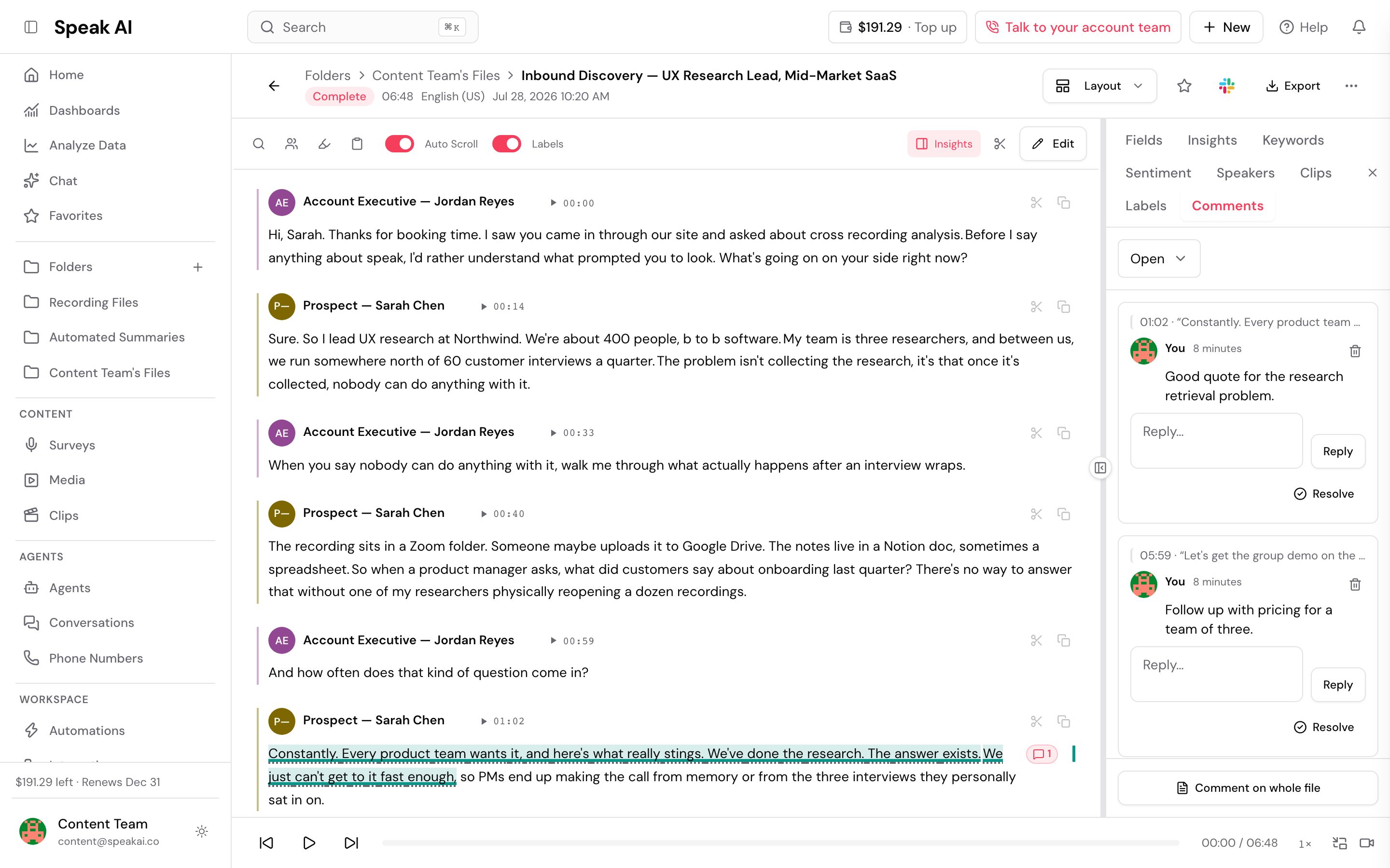 The Inbound Discovery call open with the Comments tab selected and the filter set to Open. Two comment threads are listed: one at 01:02 reading Good quote for the research retrieval problem, and one at 05:59 reading Follow up with pricing for a team of three. Each has a Reply box, a Reply button and a Resolve button, and Comment on whole file sits at the bottom. The commented 01:02 passage is highlighted in the transcript with a comment count badge.