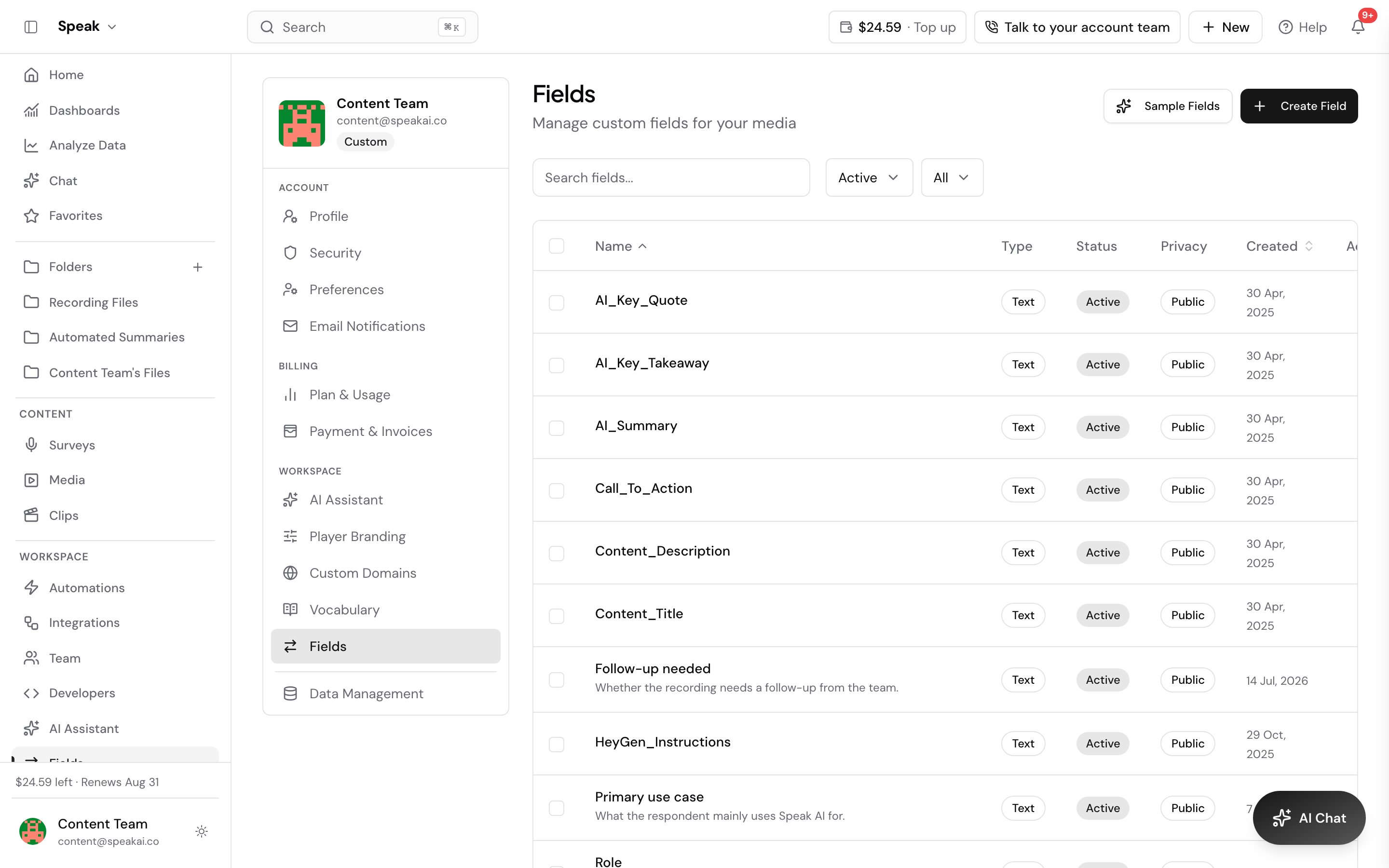 The Fields page under Settings, listing every custom field in the workspace. Each row gives the field name, such as AI_Key_Quote or Call_To_Action, its type, an Active status, a Public privacy setting and the date it was created, with Create Field and Sample Fields buttons at the top right.
