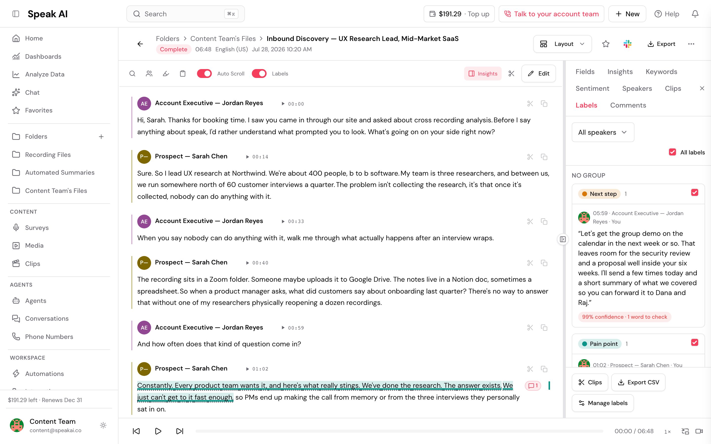 The Inbound Discovery call open with the Labels tab selected in the side panel. Two labels are listed under No group: Next step, on Account Executive Jordan Reyes saying they will get the group demo on the calendar, and Pain point, on Prospect Sarah Chen at 01:02. In the transcript, the labeled 01:02 passage is highlighted. Clips, Export CSV and Manage labels buttons sit at the bottom of the panel.