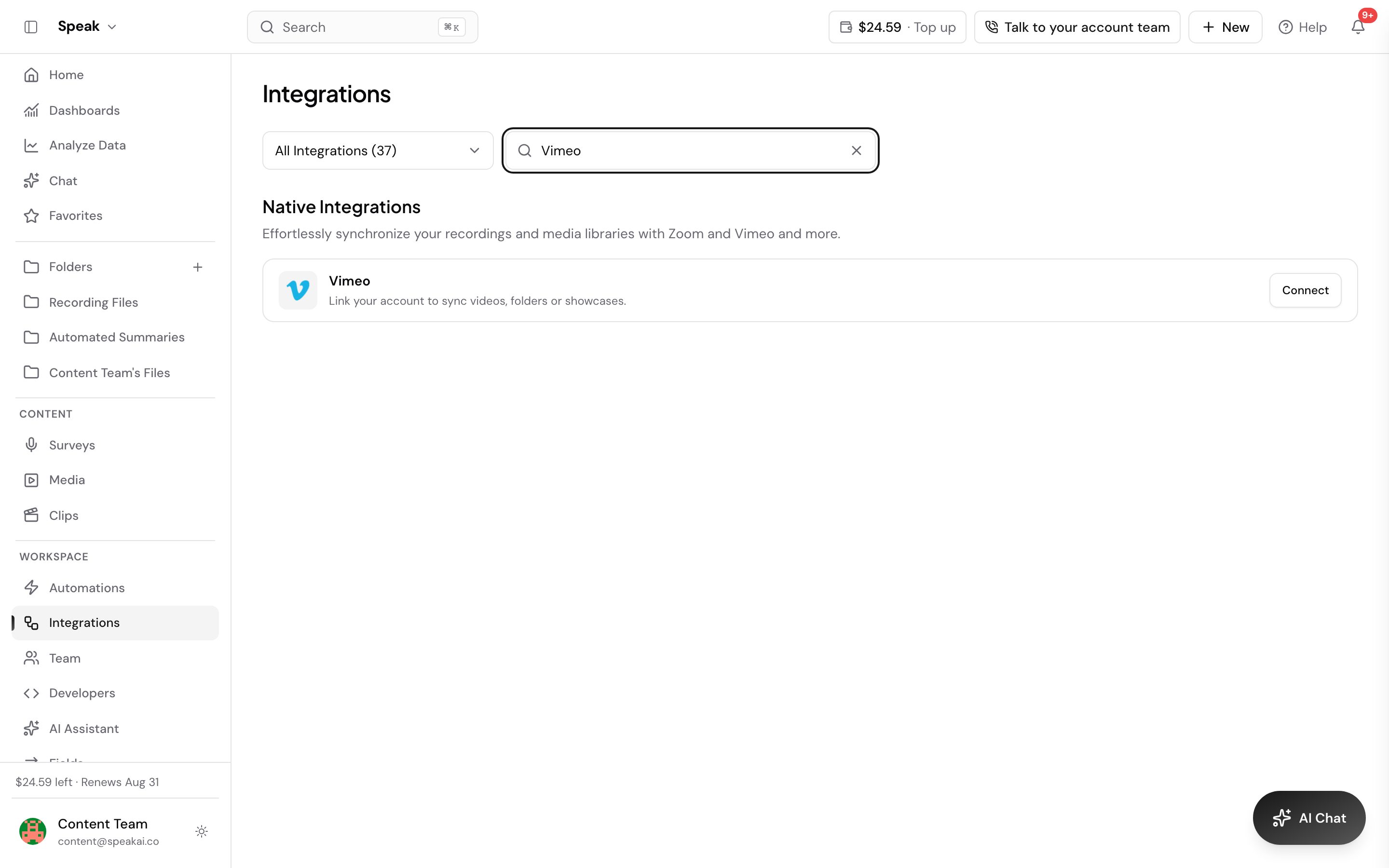 The Integrations page filtered to Vimeo. The search box holds Vimeo, the counter beside it reads All Integrations 37, and the single result under Native Integrations offers to link your account to sync videos, folders or showcases, with a Connect button on the right.