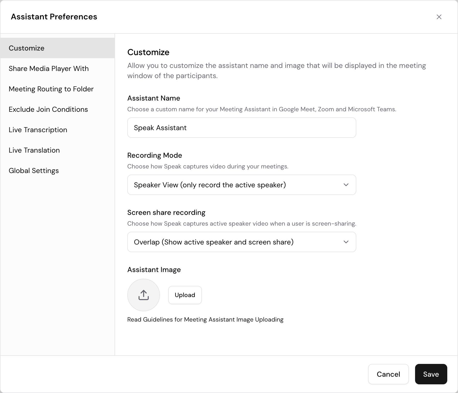 The Assistant Preferences dialog on its Customize panel, where you set the assistant name, recording mode and image