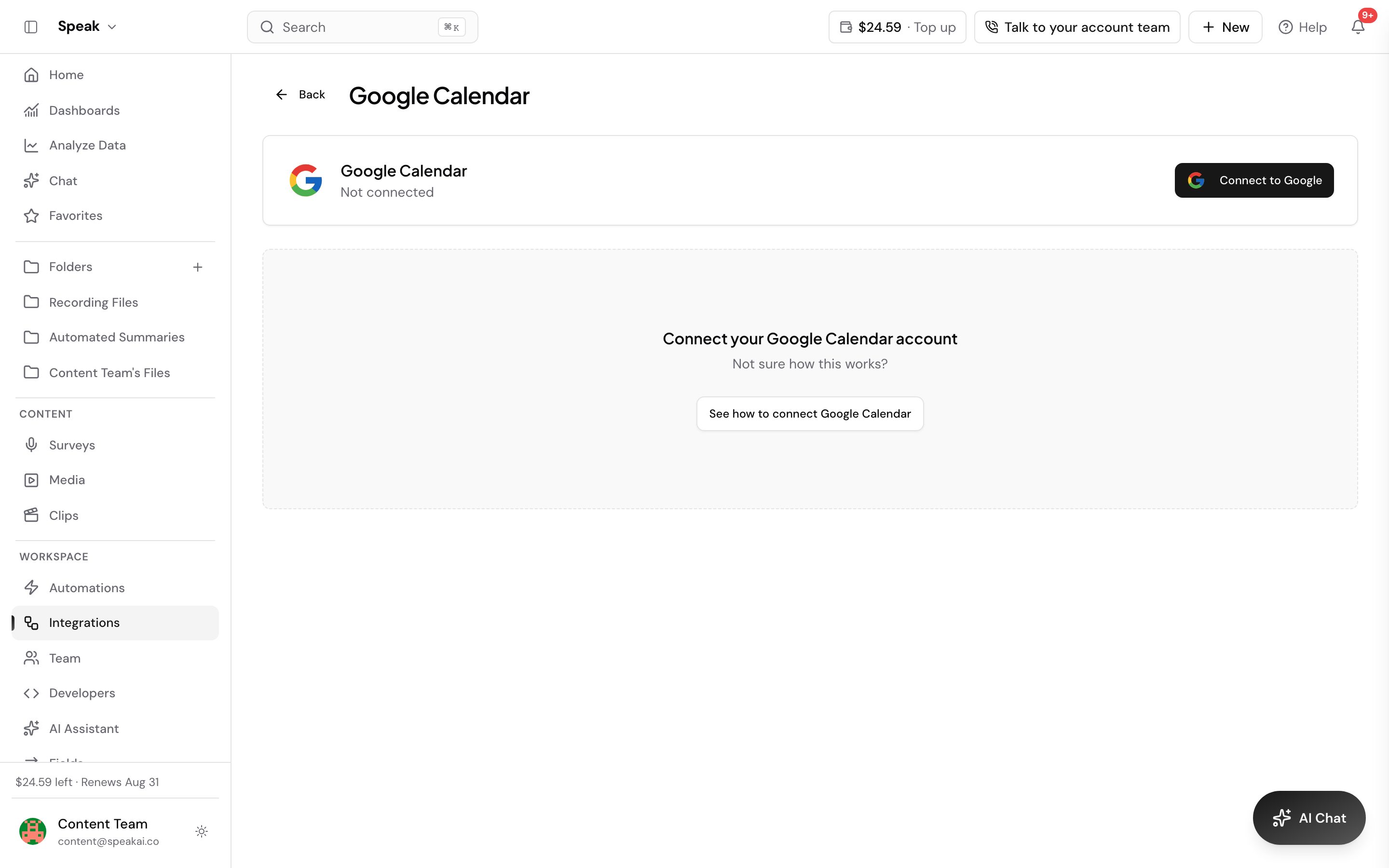The Google Calendar page in Speak before any calendar is linked. The status under the heading reads Not connected, a Connect to Google button sits on the right, and the panel below offers a See how to connect Google Calendar link.