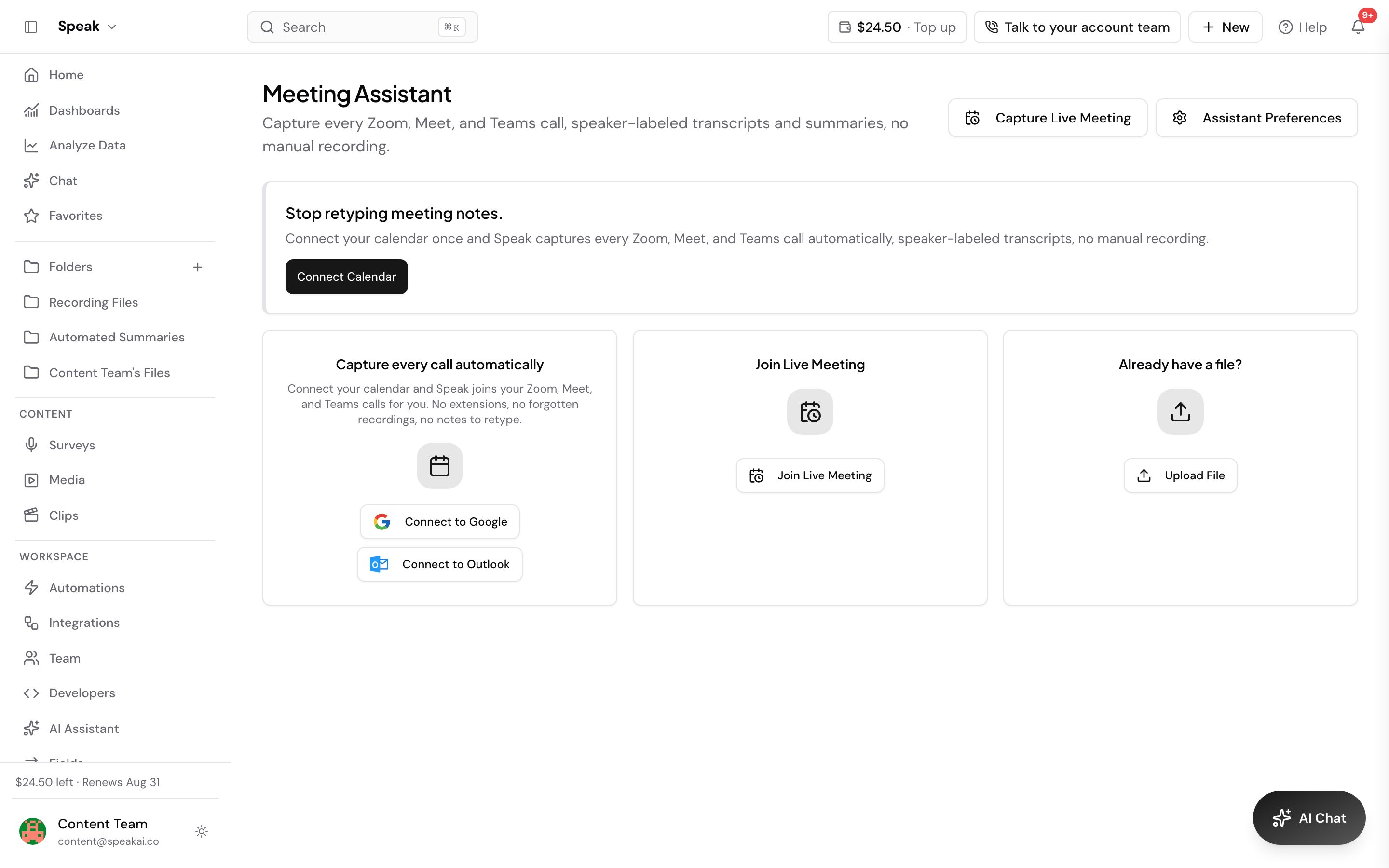 The Meeting Assistant screen in Speak, with Capture Live Meeting and Assistant Preferences buttons at the top right and a Connect Calendar prompt under the heading. Three cards sit below: Capture every call automatically with Connect to Google and Connect to Outlook buttons, Join Live Meeting, and Already have a file? with an Upload File button.