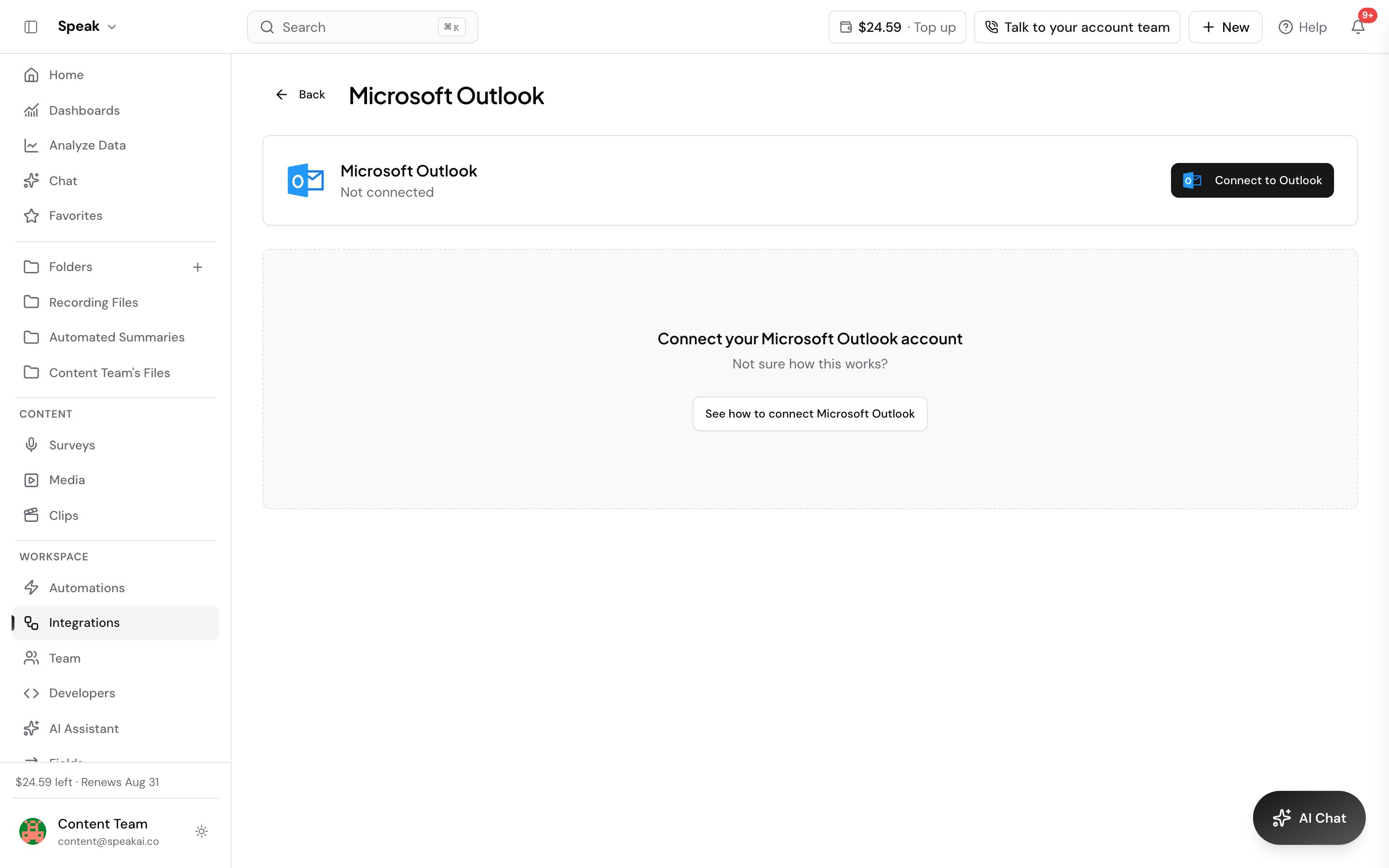 The Microsoft Outlook page in Speak before any calendar is linked. The status under the heading reads Not connected, a Connect to Outlook button sits on the right, and the panel below offers a See how to connect Microsoft Outlook link.