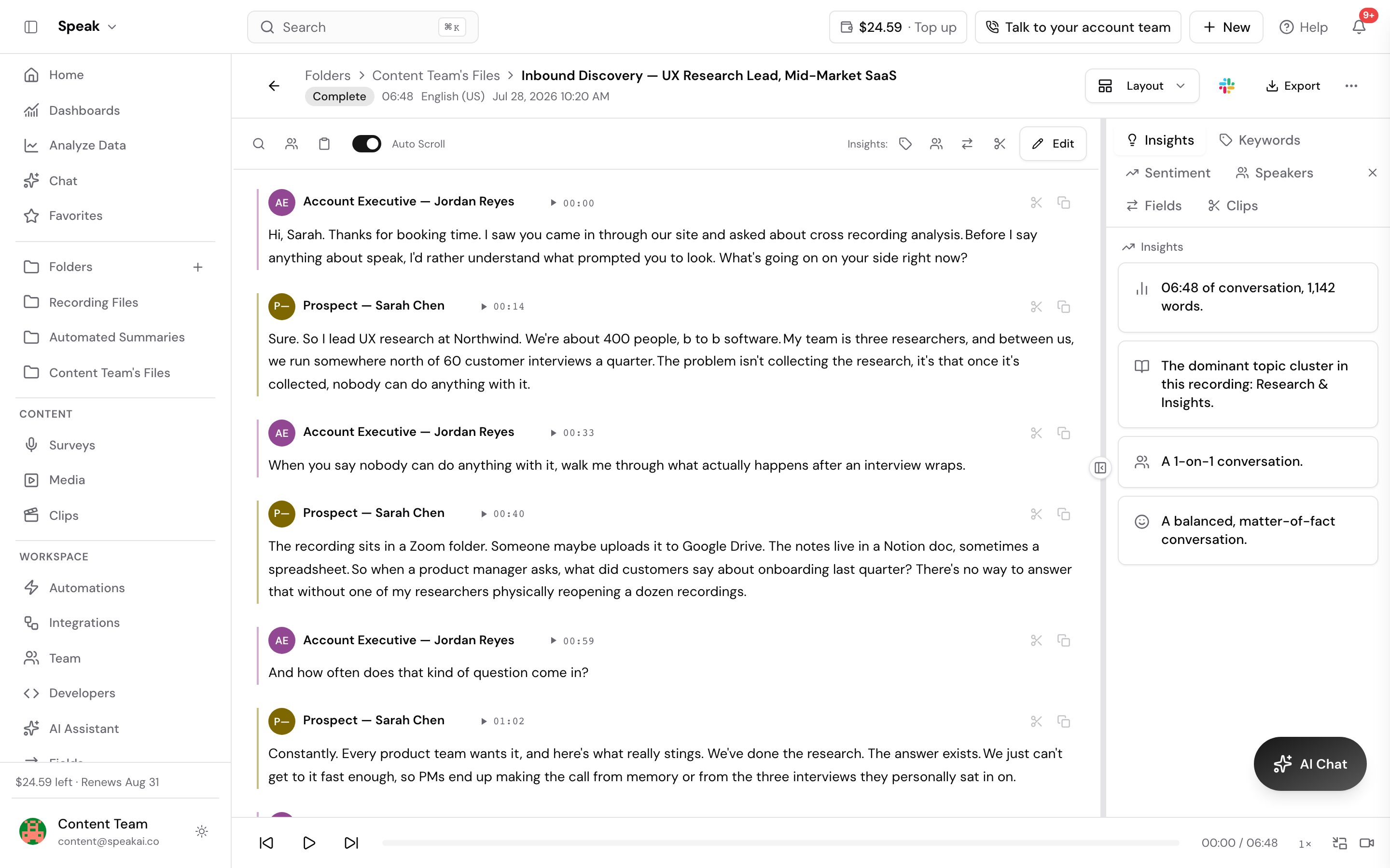 The Insights panel open beside a recorded call. It reports the length and word count of the conversation, names the dominant topic cluster as Research and Insights, and adds that the recording is a one-to-one call with a balanced, matter-of-fact tone.