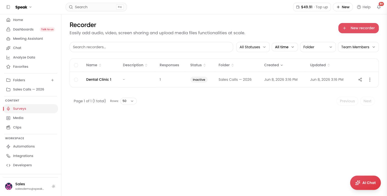 The Recorder list with a demo recorder scoped to a folder