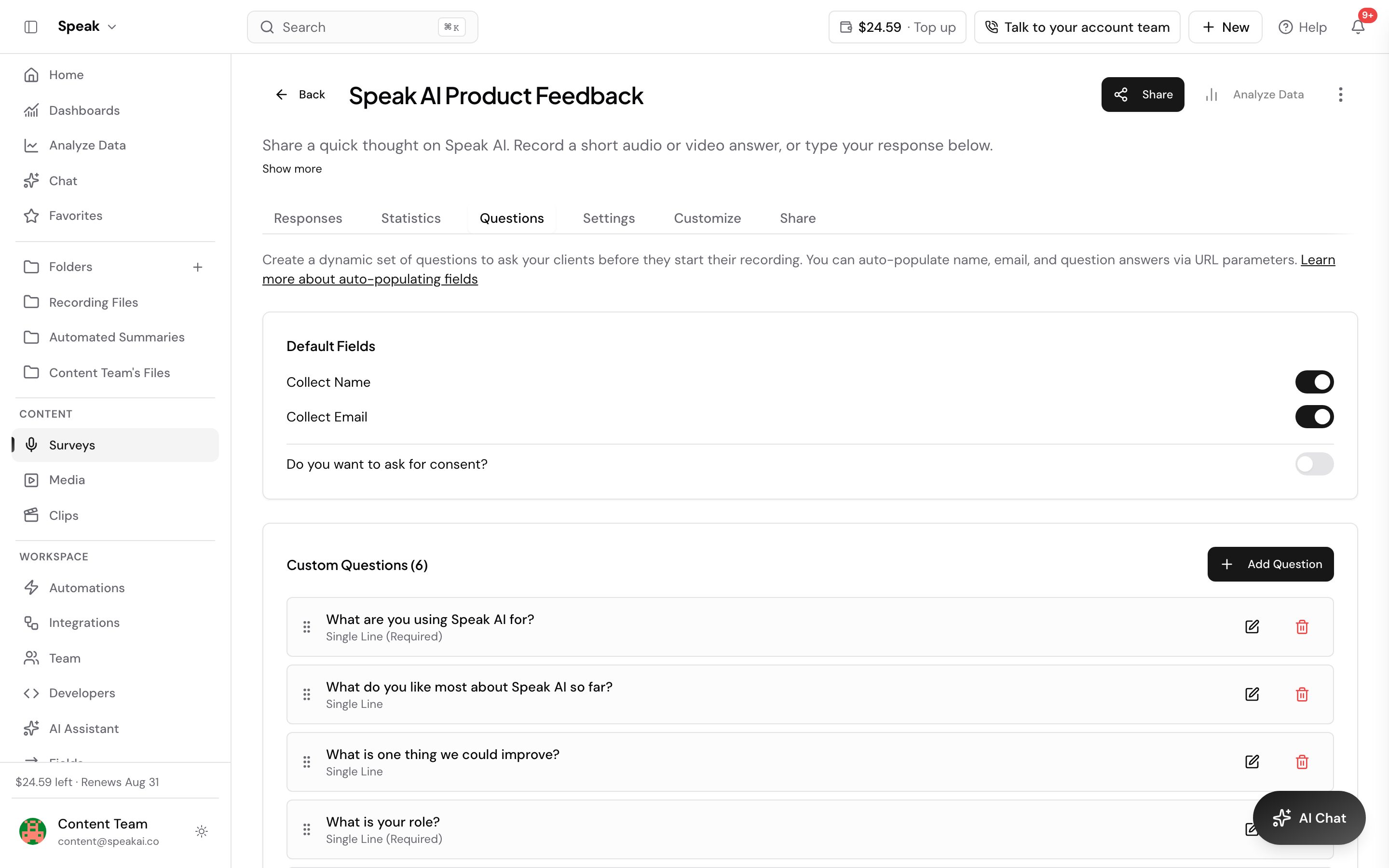 The Questions tab of a recorder, listing what respondents are asked