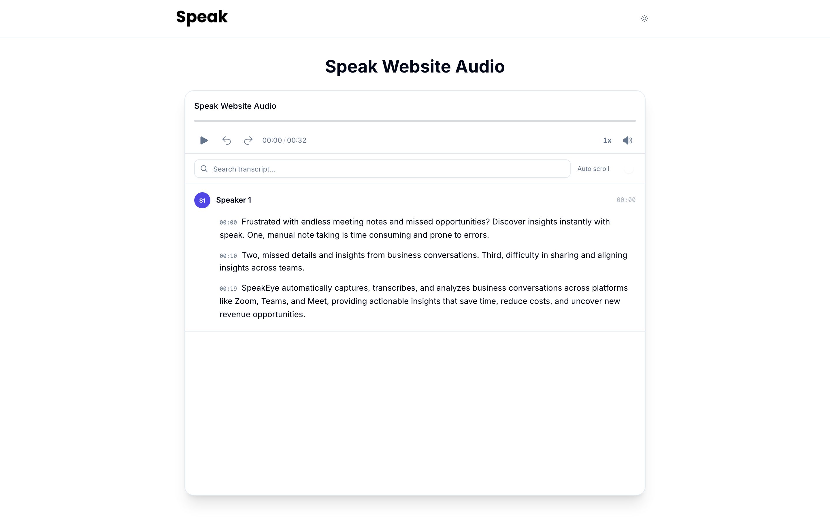 An embedded player on its own shared page. The recording title sits above the player, which carries play, skip back and skip forward controls, a counter reading 00:00 of 00:32, a speed control and a volume control. Below sit a transcript search box and an Auto scroll toggle, then the transcript itself, attributed to Speaker 1 and timestamped line by line.