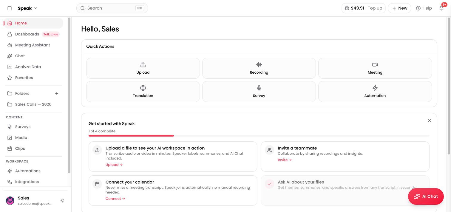 The Speak AI home screen: quick actions and getting-started checklist