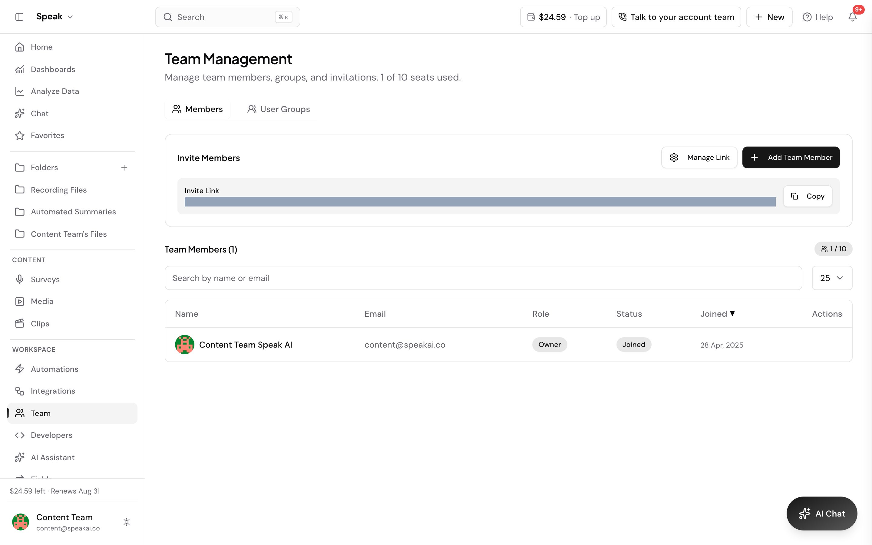 Team Management in Speak, showing 1 of 10 seats used. An Invite Members card holds the invite link, masked here, with Manage Link and Add Team Member buttons. Below it the Team Members table lists each person with their email, role and joined date.
