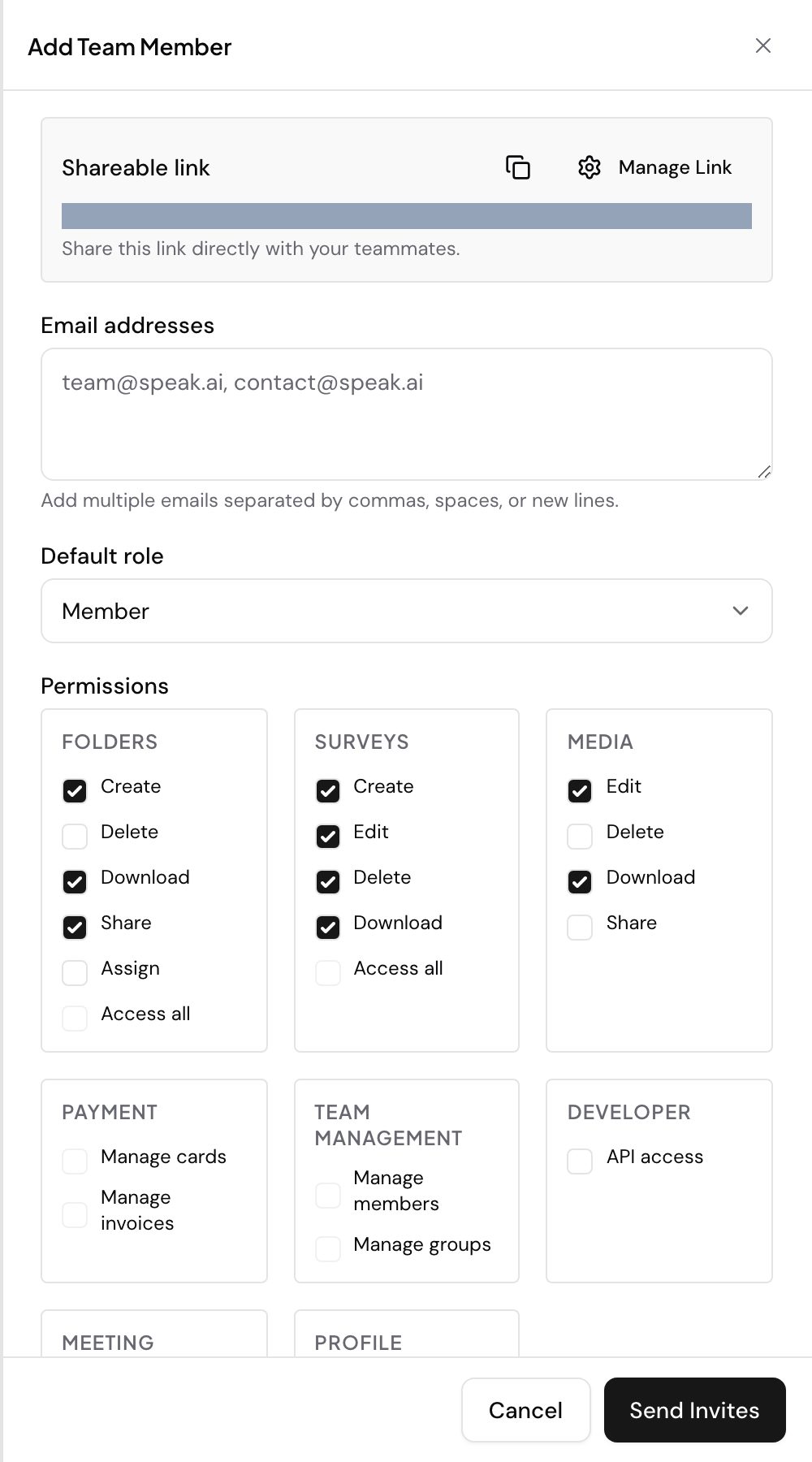The Add Team Member panel on the Team page. A shareable invite link sits at the top, masked here, above a box for email addresses and a Default role picker set to Member. The Permissions grid below groups checkboxes by area: Folders, Surveys, Media, Payment, Team management and Developer, with Meeting Assistant and Profile settings starting underneath. Cancel and Send Invites sit at the bottom.