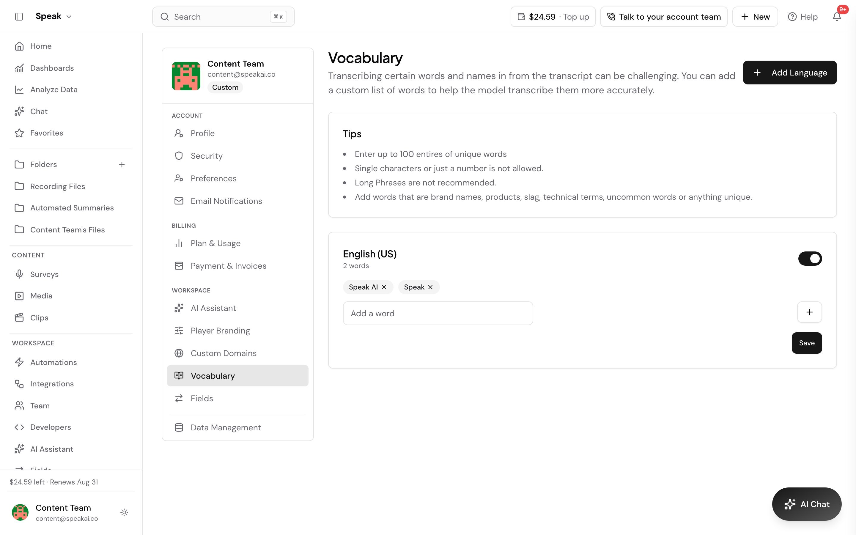 The Vocabulary page under Settings. A Tips panel explains that you can add up to 100 unique words and that single characters and long phrases will not work, and the English list below it holds two saved words, each removable, with an Add a word box and a Save button. Add Language sits at the top right.