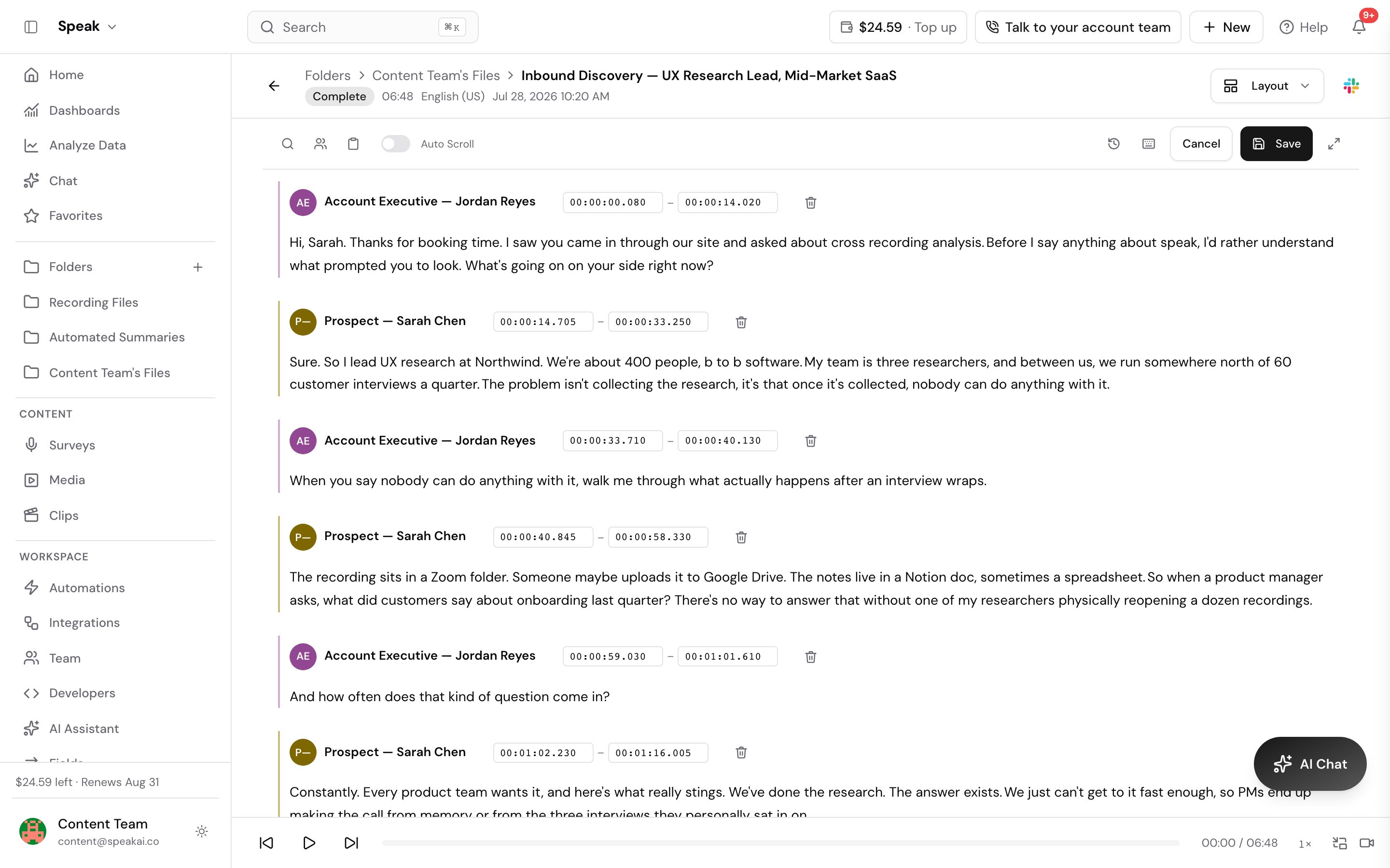 A transcript in edit mode. Every paragraph carries an editable speaker label, editable start and end timestamps and a delete button, Cancel and Save sit in the toolbar above, and a Reset Speakers control in the left panel puts every label back to its default.