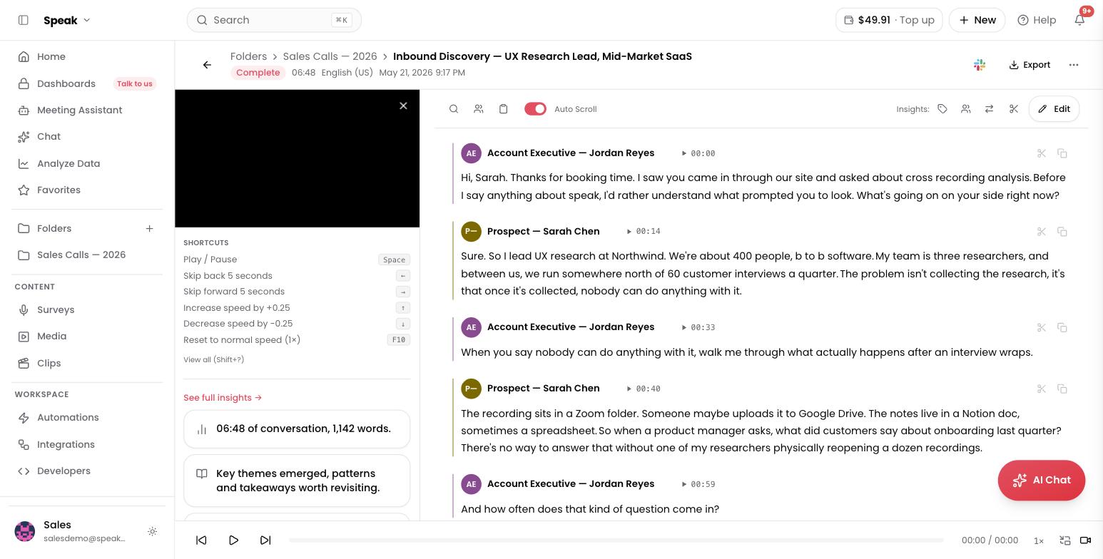 A transcribed sales call: speakers labeled, timestamps, insights toolbar