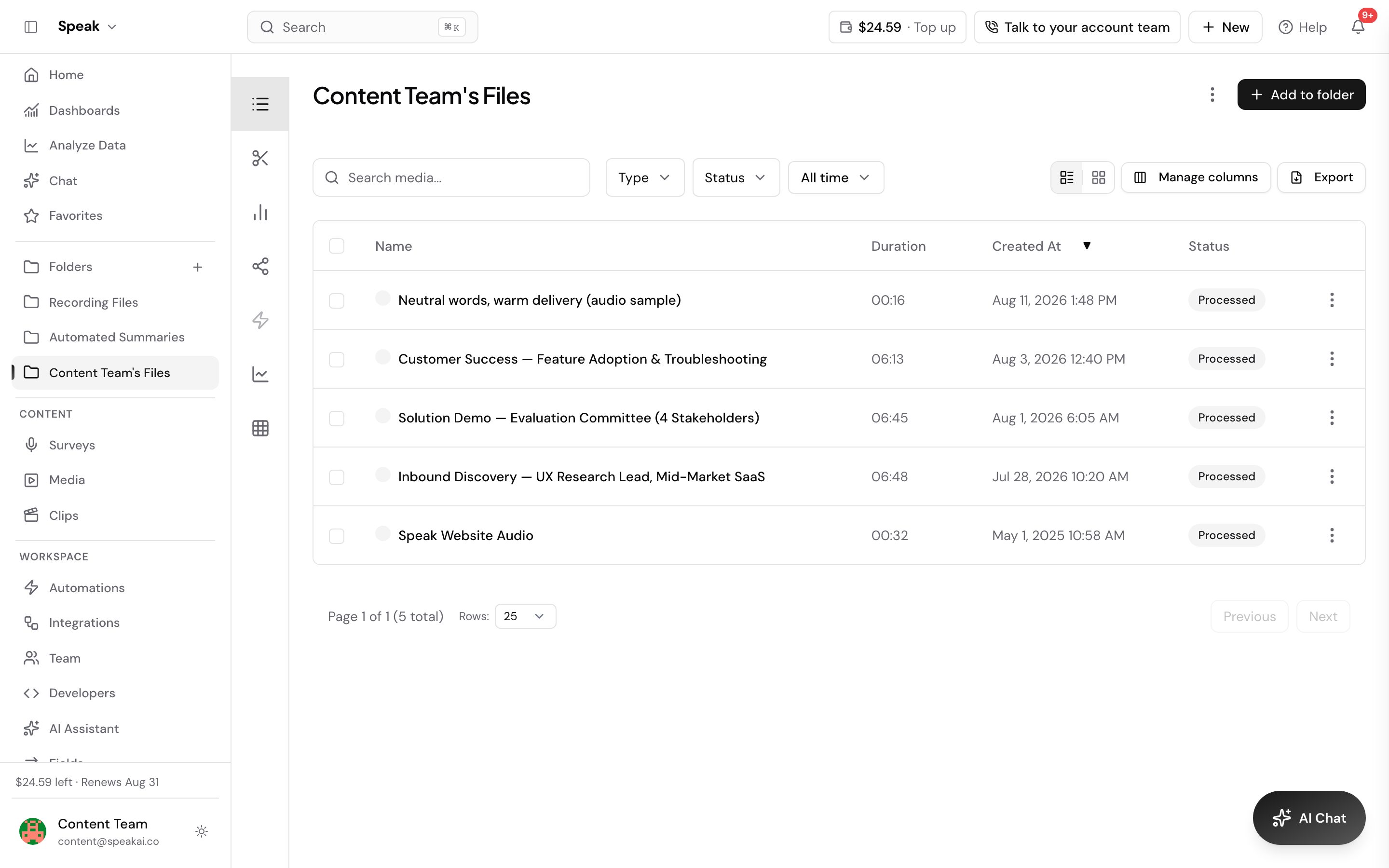 A folder’s media list with the Status column showing. All four recordings read Processed, next to their duration and the date each was created, and Type, Status and time range filters sit above the table with a Manage columns button on the right.