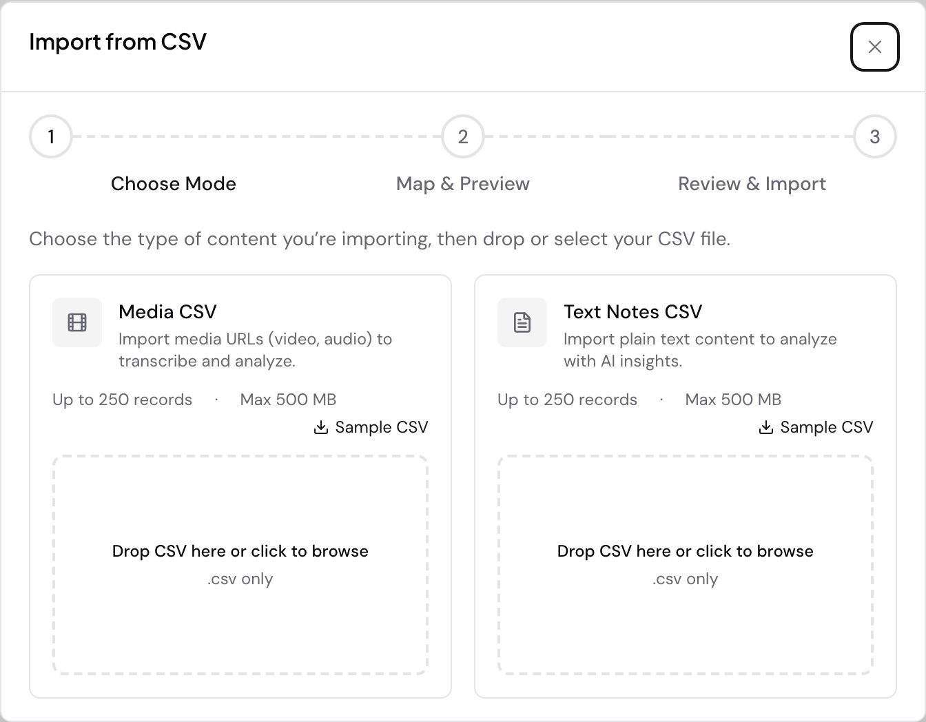 The Import from CSV dialog on its first step, Choose Mode, ahead of Map and Preview and Review and Import. Two cards offer Media CSV for importing media URLs to transcribe and Text Notes CSV for importing plain text, each capped at 250 records or 500 MB, with a sample CSV to download and a drop zone that accepts .csv only.