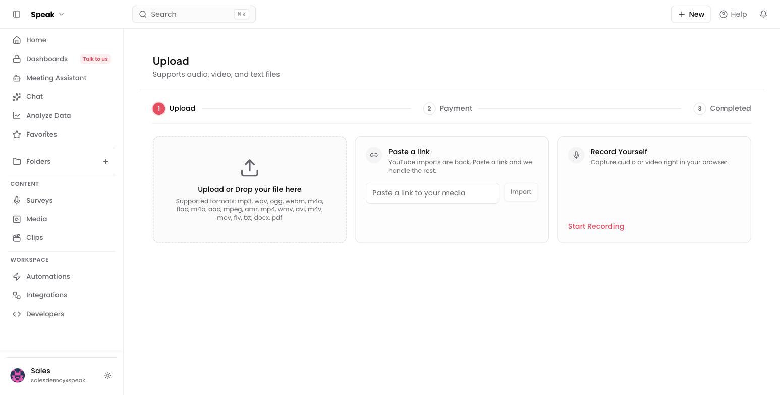 The Upload page: drop a file, paste a link, or record yourself