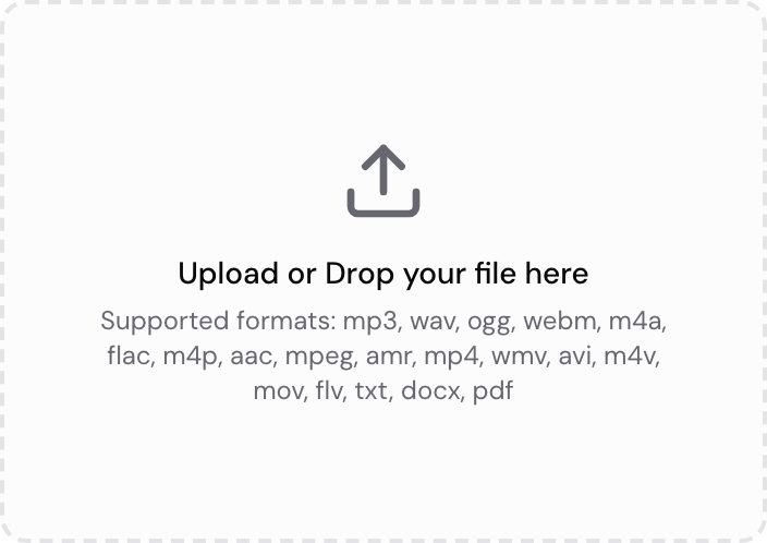 The upload drop zone, cropped from the upload window. It invites you to upload or drop a file and lists every format it accepts, which includes the txt, docx and pdf documents a text note arrives as, alongside the audio and video types.