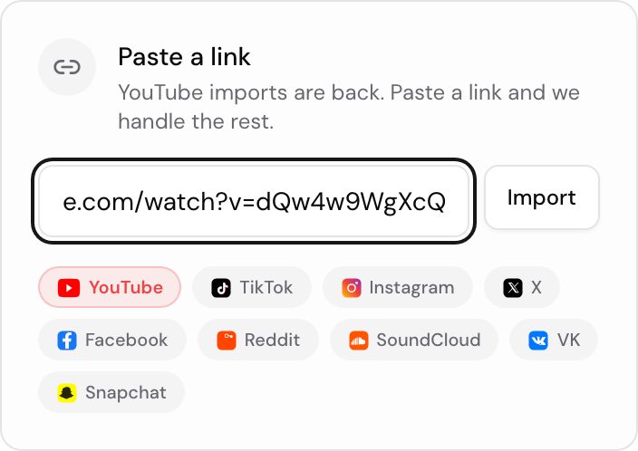 The Paste a link panel on the upload page, with a YouTube watch URL typed into the box and an Import button beside it. Chips underneath show the other sources the same box accepts: TikTok, Instagram, X, Facebook, Reddit, SoundCloud, VK and Snapchat, with YouTube highlighted as the one matched.