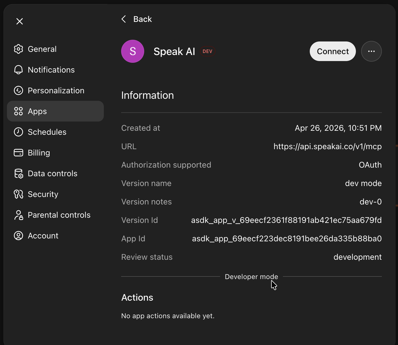 ChatGPT connect screen with Speak AI URL pasted