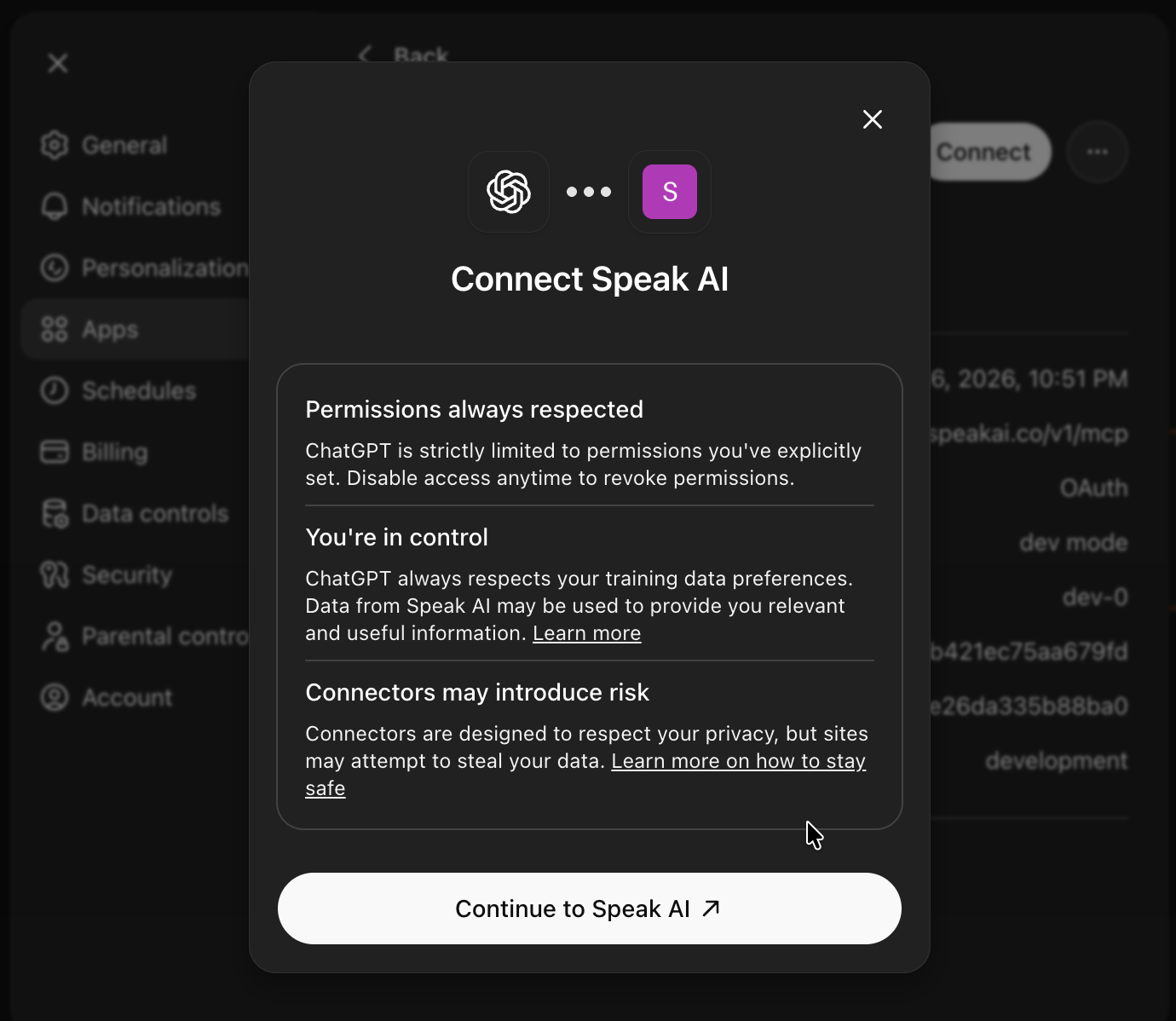 ChatGPT connect continue screen