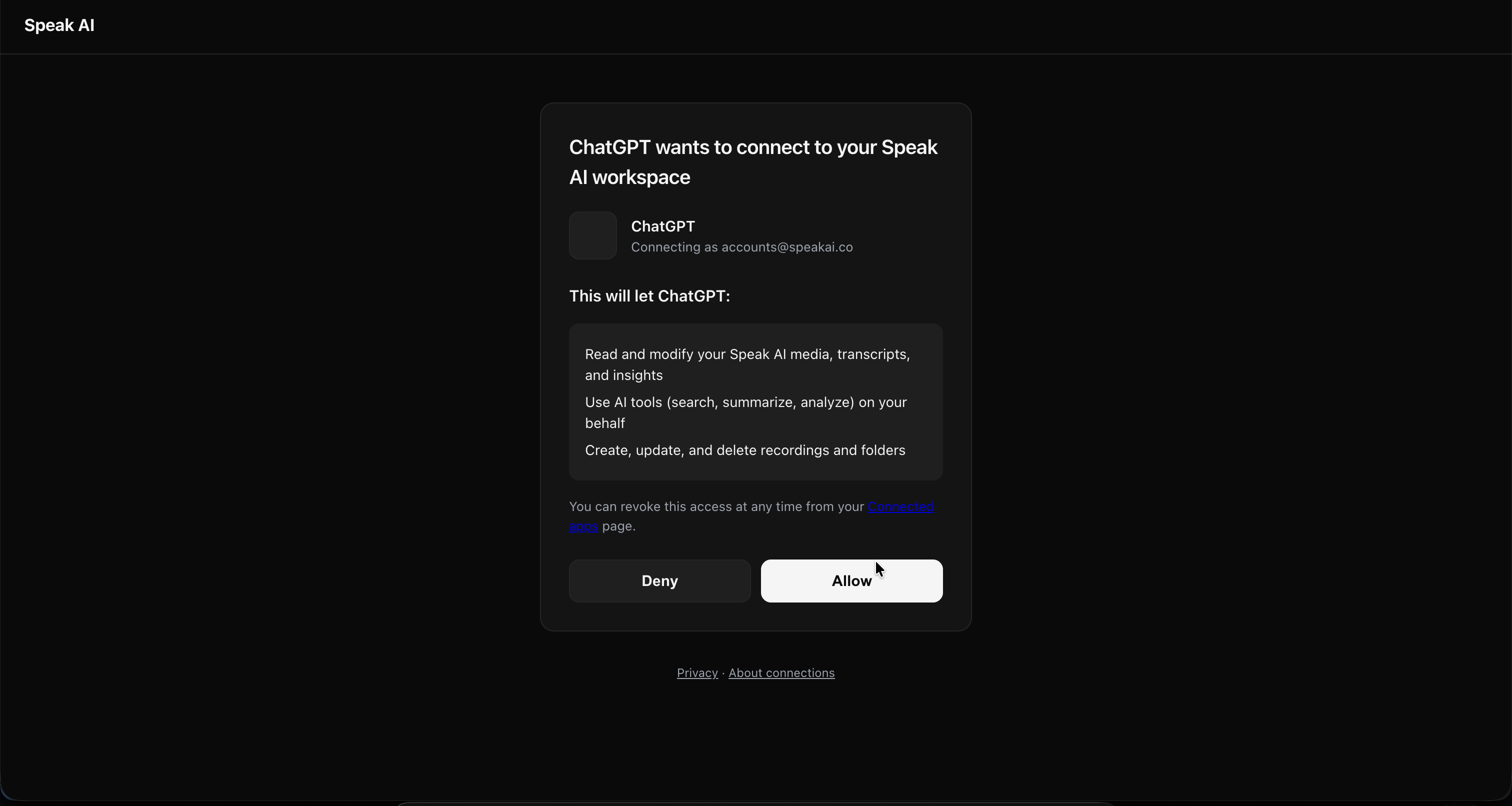 Speak AI authorization screen