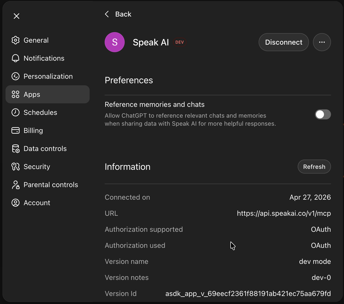 Speak AI connected in ChatGPT