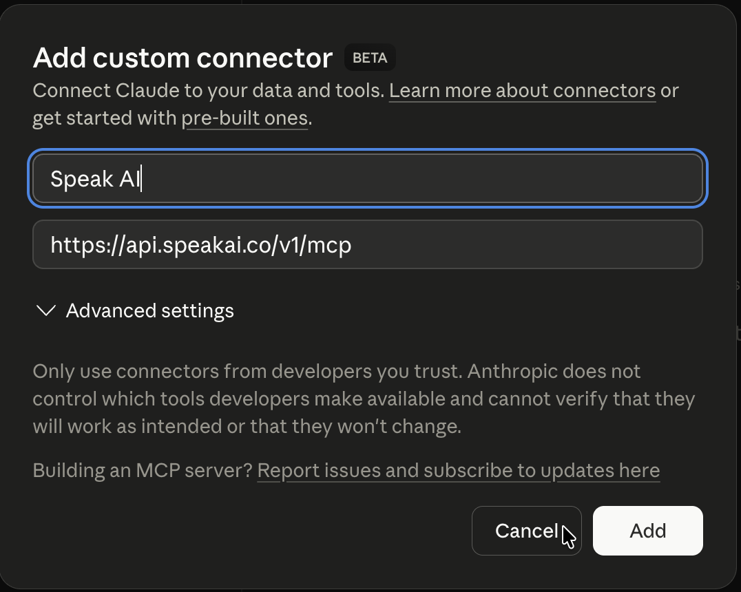 Claude add custom connector dialog with Speak AI filled in