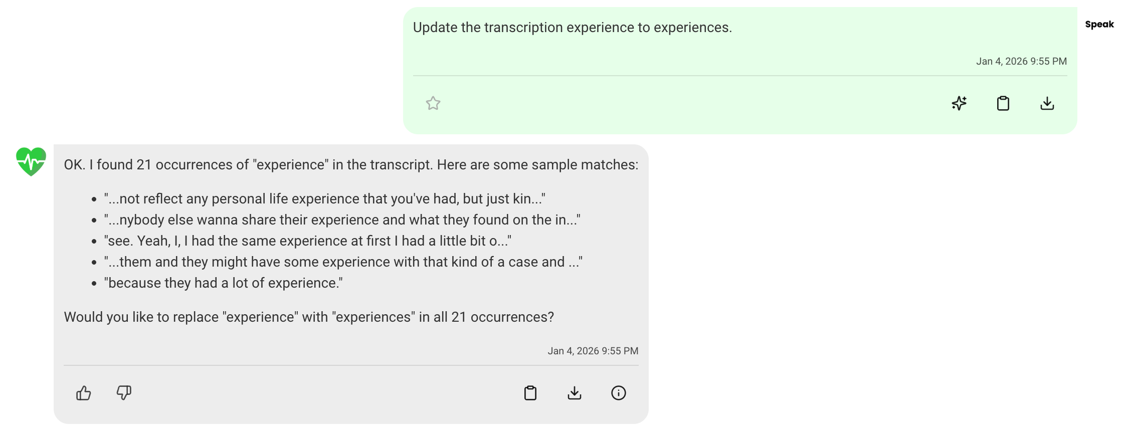 AI chat actions on transcripts